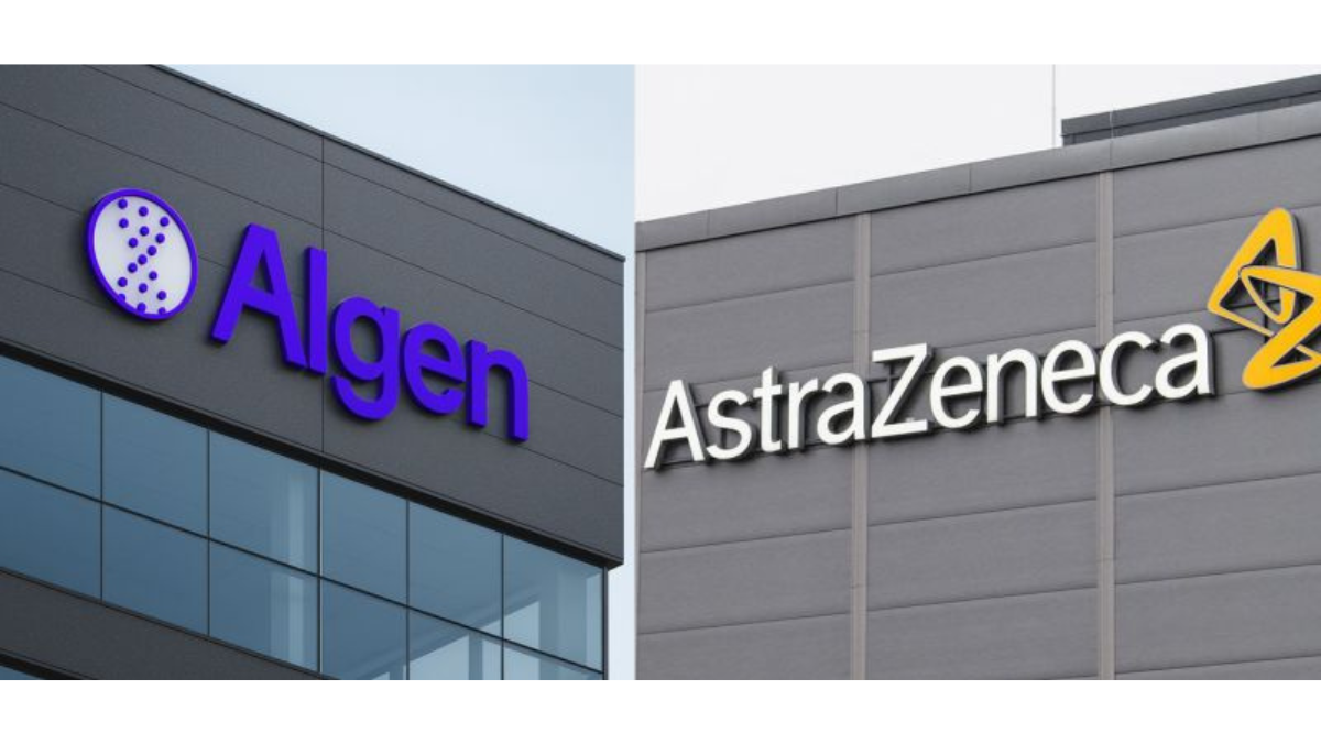 AstraZeneca and Algen logos displayed on adjoining biotech buildings