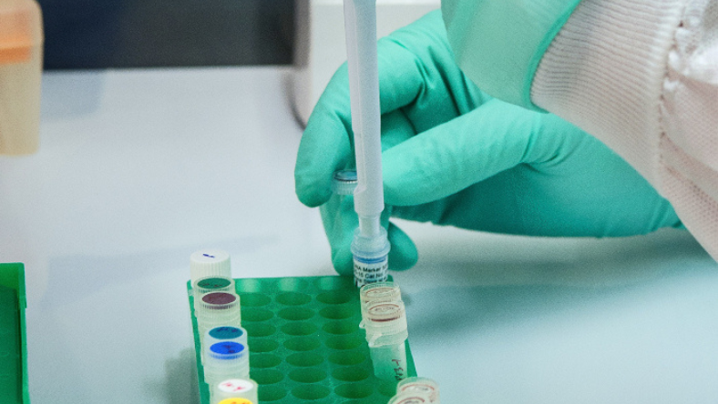 Gloved hand using a pipette to fill laboratory sample tubes